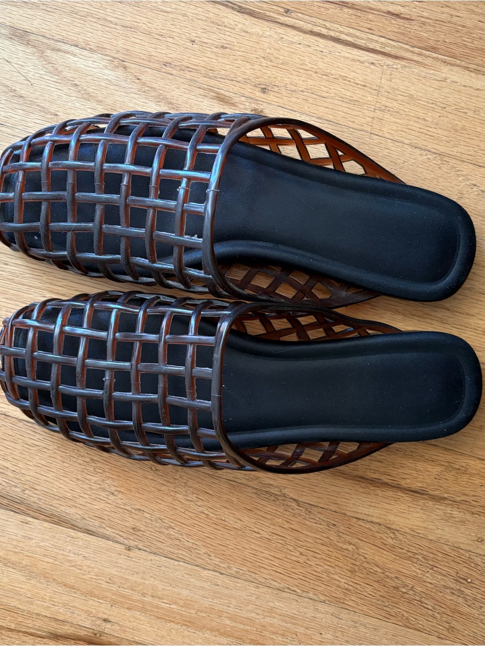 Woven Jelly Mules in Dark Brown with Black Footbed